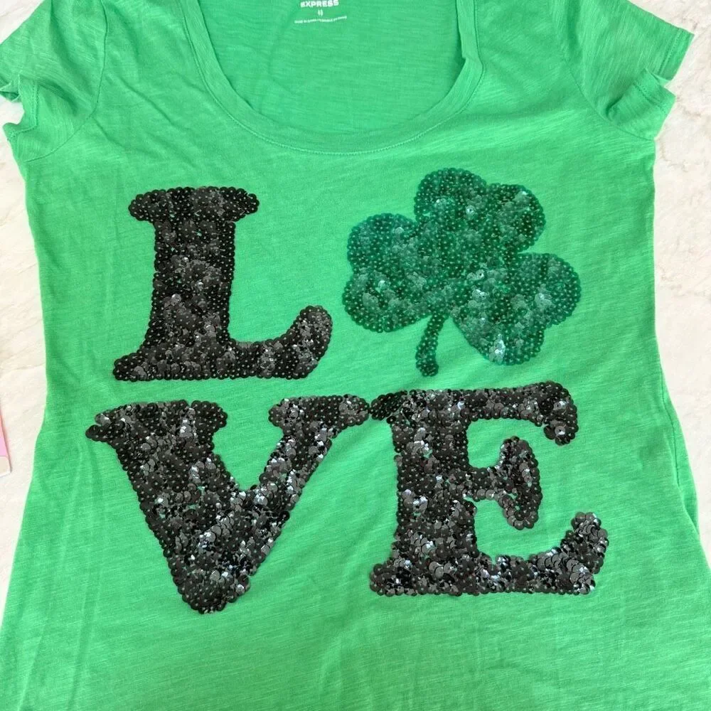 Express Women's Love Sequin St. Patrick's Day Top shirt cotton blend size XS